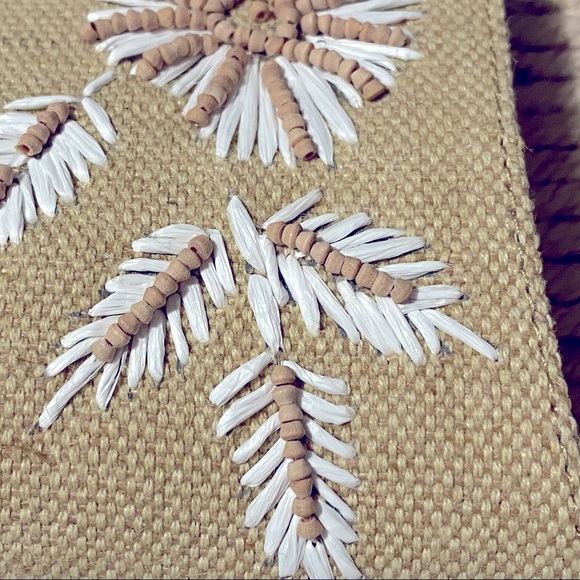 Badgley Mischka Espadrille Slides, Tan & White Raffia Embroidery, Beads, Floral - Picture 4 of 12